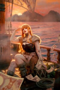 Pirate cosplay on a ship at sunset, posing with one hand to her brow while warm orange light reflects on the ocean and flying banknotes drift across the scene. One piece cosplay