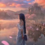 Hoyoverse creator Cosplayer in a light blue dress outfit standing in the middle of a lake in a sunset. Raiden Shogun cosplay